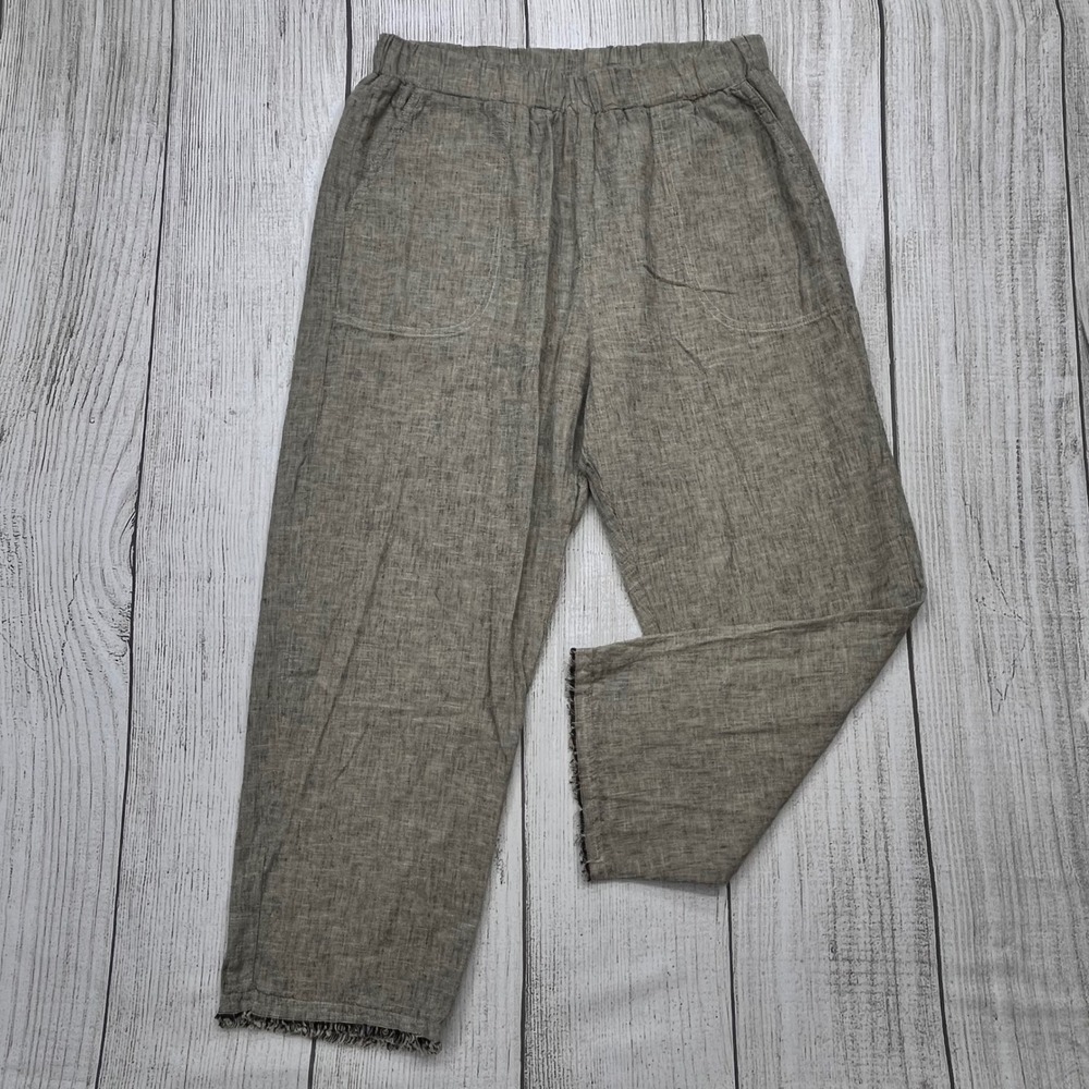 Cut Loose Linen Blend Elastic Waist Crop Pants Olive Tan Frayed Hem Large